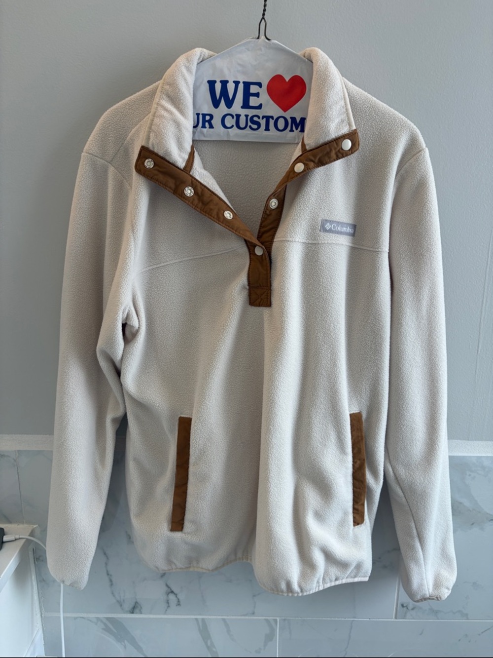 Columbia Cream Fleece Pullover with Brown Trim